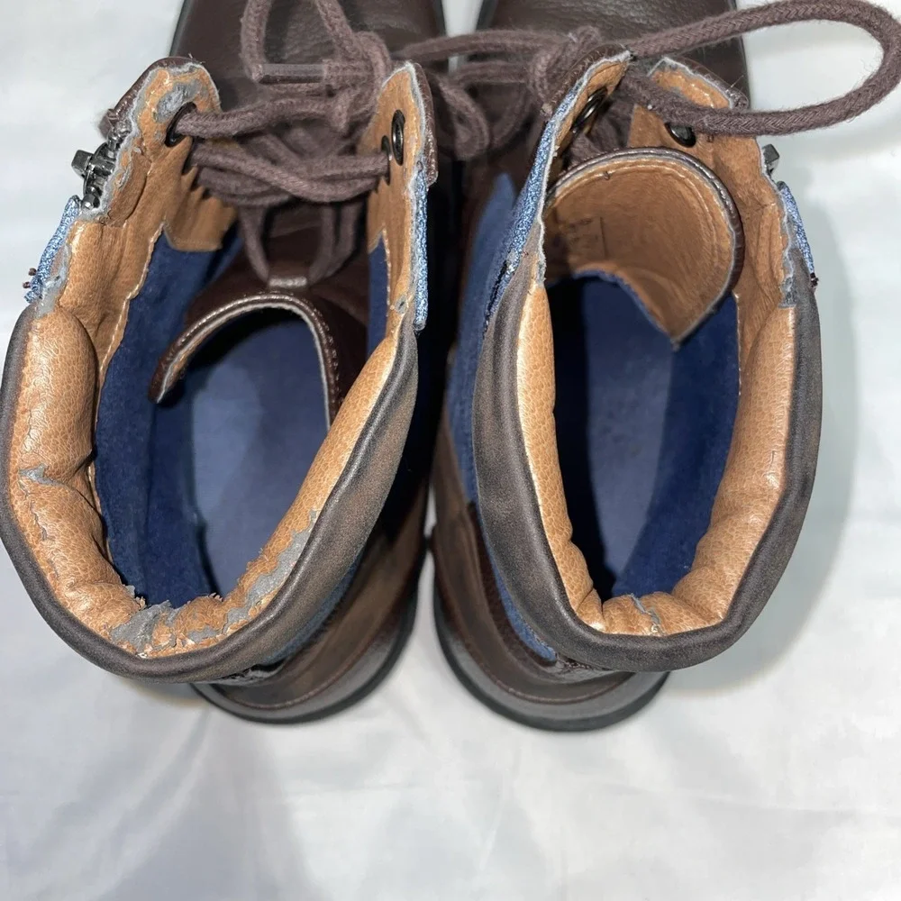 Guess Jadon Mens Brown Pebbled Boots Blue Denim Panels Side Zip GNJADON-R Size 9
